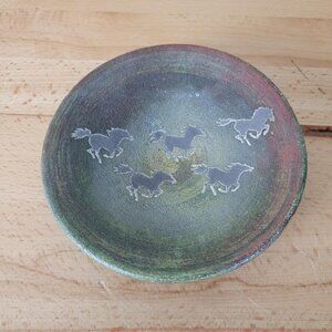 Raku Pottery Art Jeremy Diller Signed Southwest Dream Wild Horses 5” Dish NWT